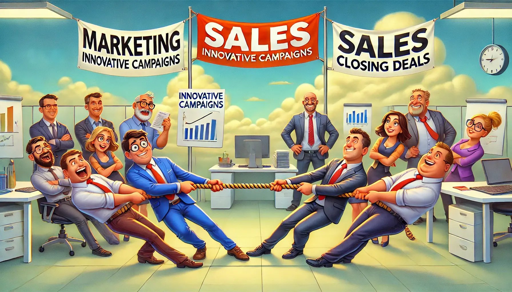 DALL·E 2025-02-25 11.44.39 - A humorous illustration of two office teams, one labeled Marketing and the other Sales, engaged in a tug-of-war over a customer. The Marketing t