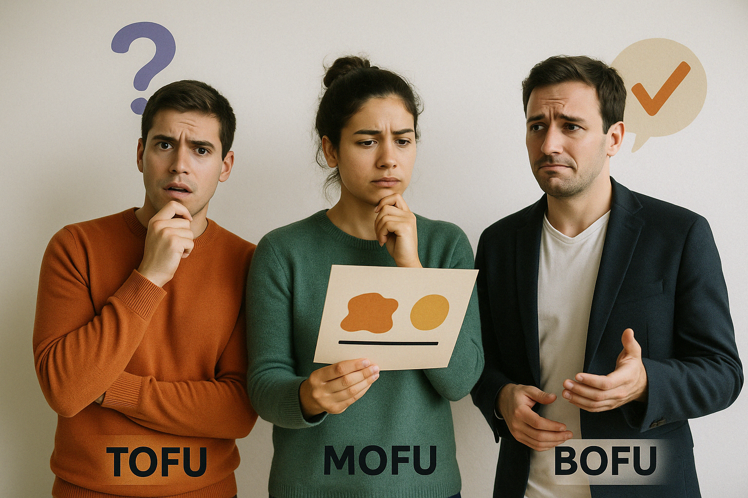 Три человека, представляющие стадии маркетинговой воронки: TOFU — растерянный мужчина, MOFU — сосредоточенная женщина с листом сравнения, BOFU — сомневающийся мужчина, готовый к покупке